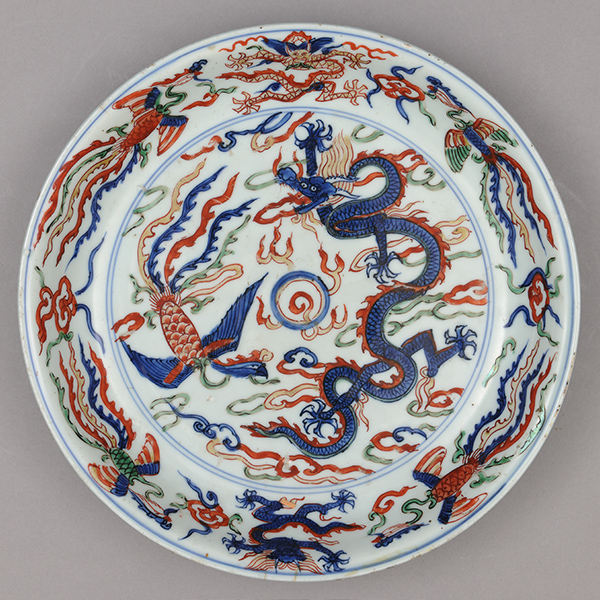 Dish with dragons and phoenixes among clouds